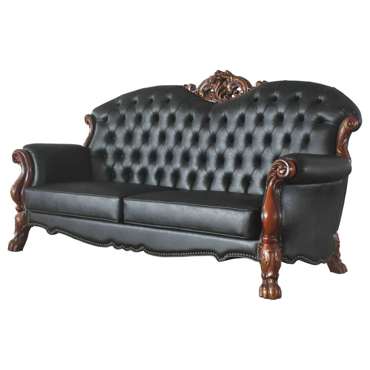 Black Faux Leather Tufted Sofa with 5 Pillows S788