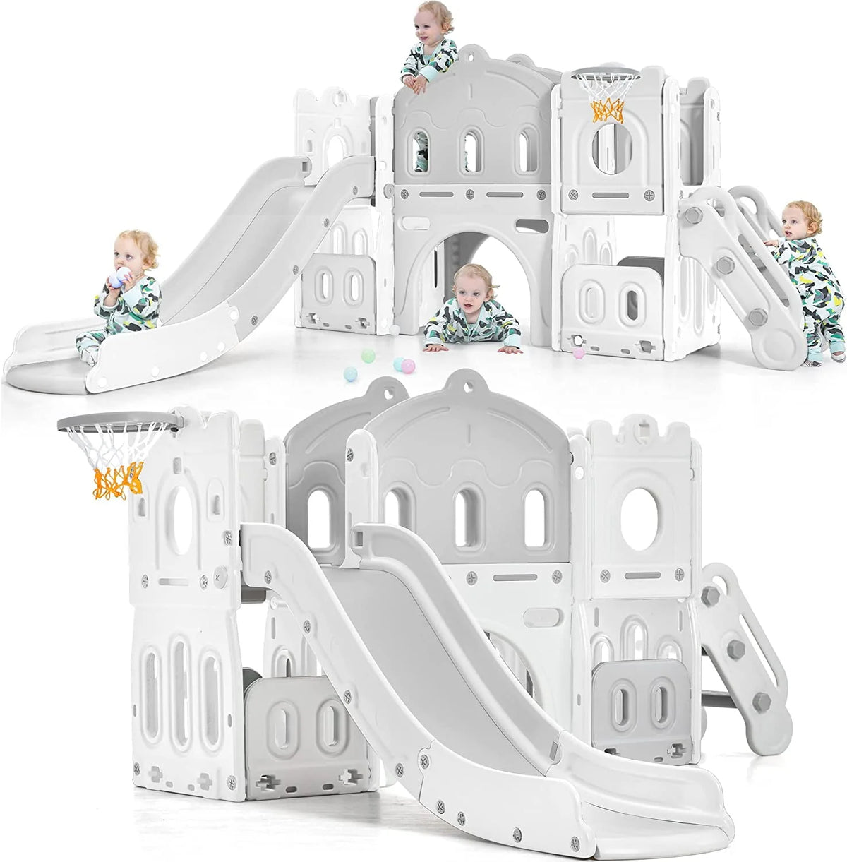 Kids 6-in-1 Slide with Climber, Basketball Hoop, Tunnel and Storage Space, HDPE, Blue S702798