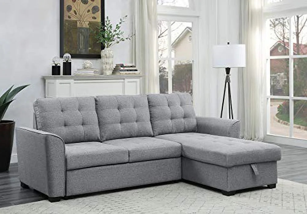 Light Gray Linen Sleeper Sectional Sofa with Storage Chaise D523605