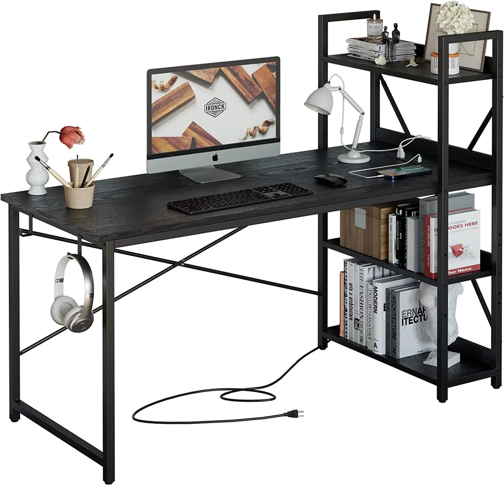 55" Computer Desk with Power Outlet and Storage Shelves U322