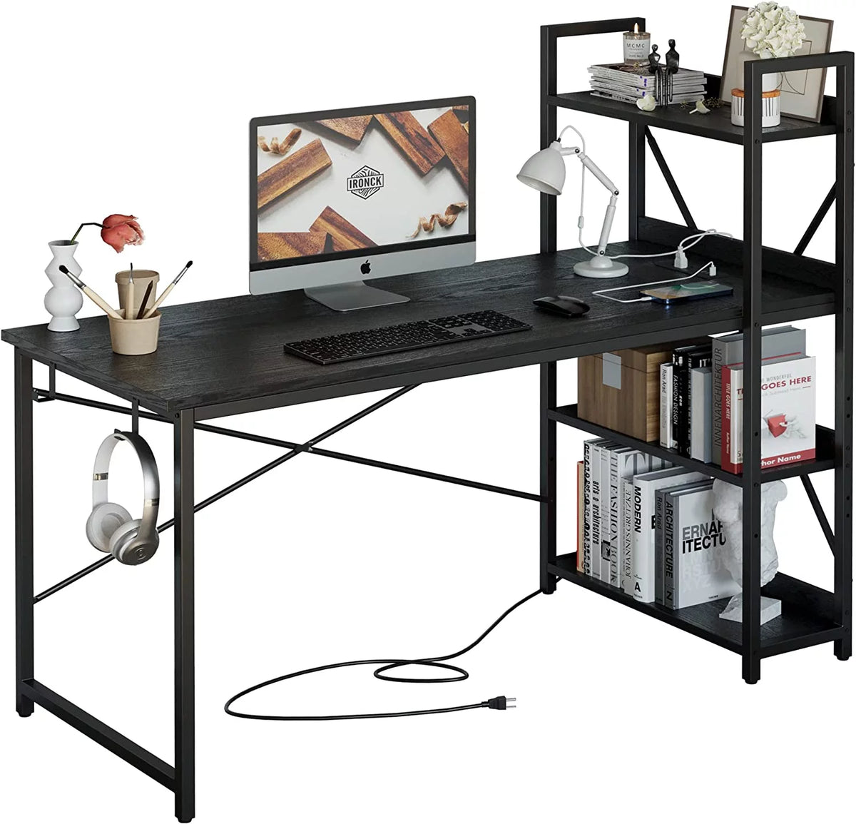 55" Computer Desk with Power Outlet and Storage Shelves U322