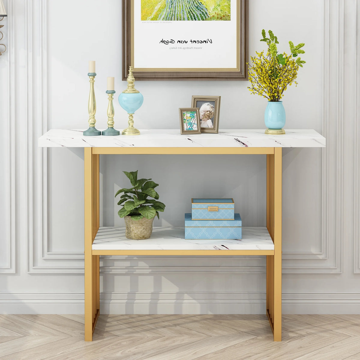 Gold 42-Inch Faux Marble Entryway Table X767