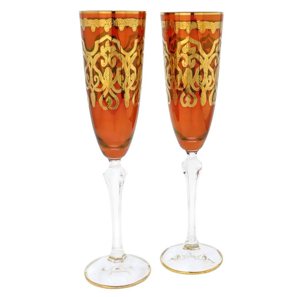 Set of Two Murano Glass Champagne Flutes 24K Gold Leaf Red D831